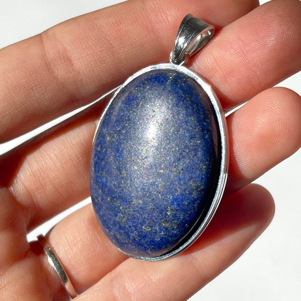 Large Blue Lapis Lazuli Pendant Oval Silver Tone Cabochon Boho